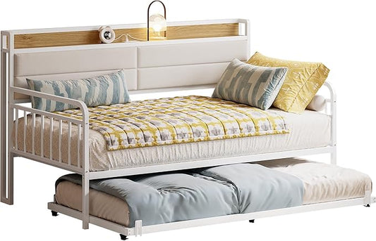 LIKIMIO Daybed with Trundle, Sturdy Metal Twin XL Size Bed Frame with Upholstered Headboard and Charging Station for Living Room, Bedroom and Guest Room, White