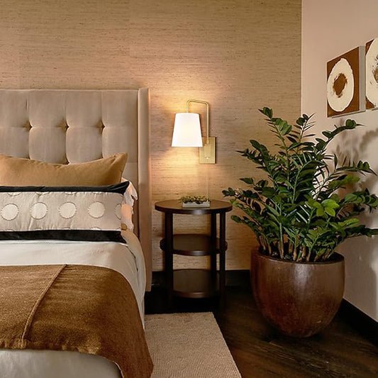 Wall Sconces Set of Two, Gold Fabric Shade Wall Sconce Bedroom Plug-in Wall Lamp Set of 2