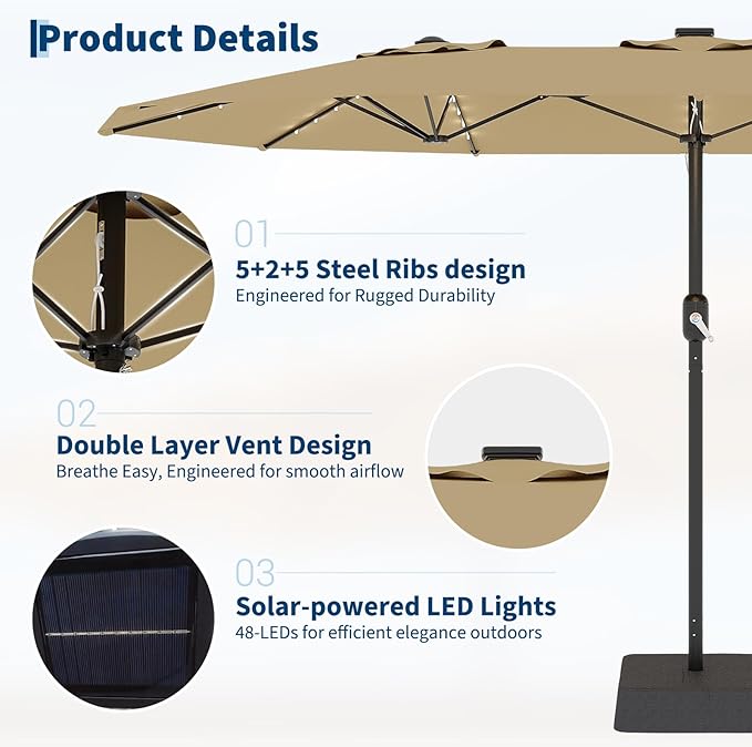 GarveeLife 15 FT Patio Umbrella with Base Included, Patio Table Umbrella with solar lights, 10 Sturdy Ribs UV Protection Waterproof for Garden, Pool, Deck, Backyard (Tan)