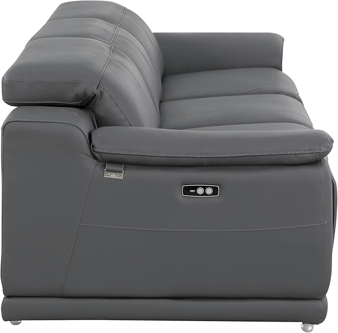 BlackJack Furniture Venice Top Grain Italian Leather Power Recline 3 Piece Sofa - 107" Theater Seating Modern Couch for Living Room Apartment Home with Adjustable Headrests & USB Port, Dark Grey