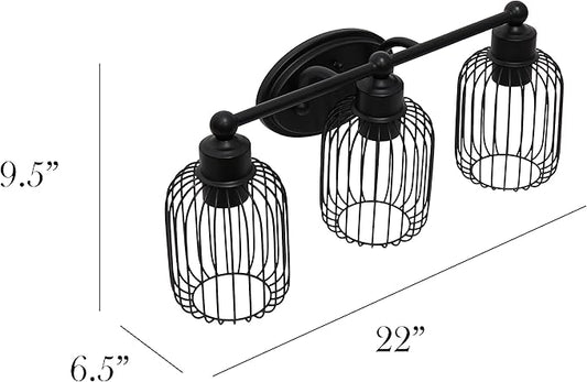 Elegant Designs VT1022-BLK 22" Industrial Farmhouse 3 Light Metal Birdcage Decorative Wall Mounted Vanity Fixture with Matching Metal Oval Backplate, Black