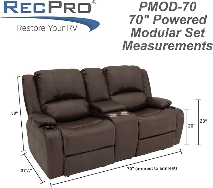 RecPro Charles 70" Powered Double RV Wall Hugger Recliner Sofa | Loveseat | RV Furniture with Upgraded 2023 Fabric (Chestnut)