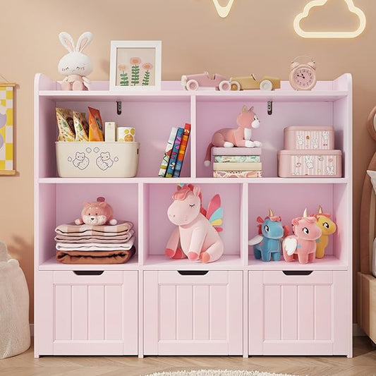 Gizoon Toy Storage Cabinet and Kids Bookcase with 3 Movable Drawers and 6 Open Shelves Featuring Fall Prevention Barrier for Playroom Nursery Kids Room Organization, Pink