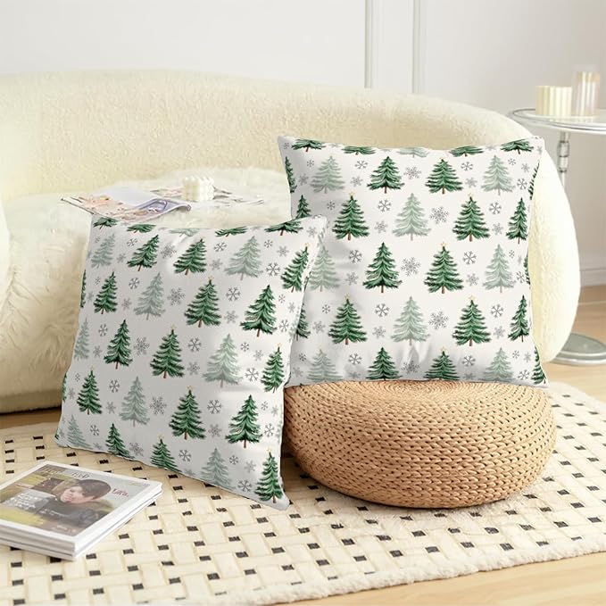 Christmas Tree Pillow Covers 24x24 Set of 2 Green Xmas Outdoor Decorative Throw Pillow Cases Neutral Rustic Nature Forest Winter Snowflake Pillowcases for Farmhouse Living Room Decor