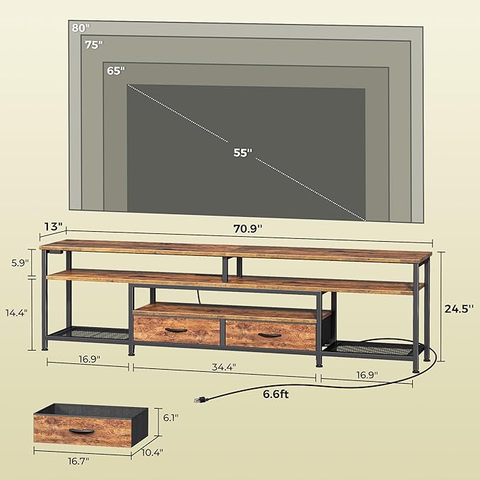 Huuger TV Stand for 75 80 Inch TV, Entertainment Center with Power Outlets and LED Lights, 70.9 Inch TV Console for Living Room, Media Console with Drawers and Shelves, Rustic Brown