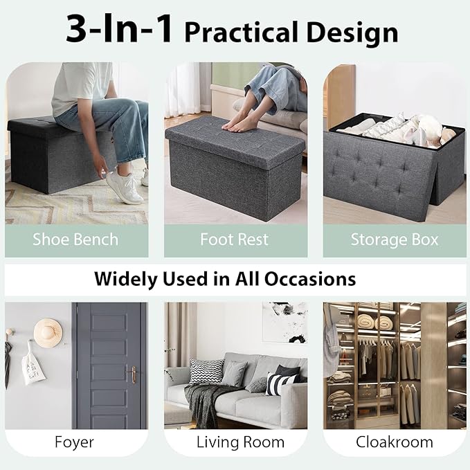 Giantex Storage Ottoman Footrest 31.5 Inch Fold-able Storage Organizers with Removable Storage Bin, Padded Seat for Living Room, Bedroom, Entryway