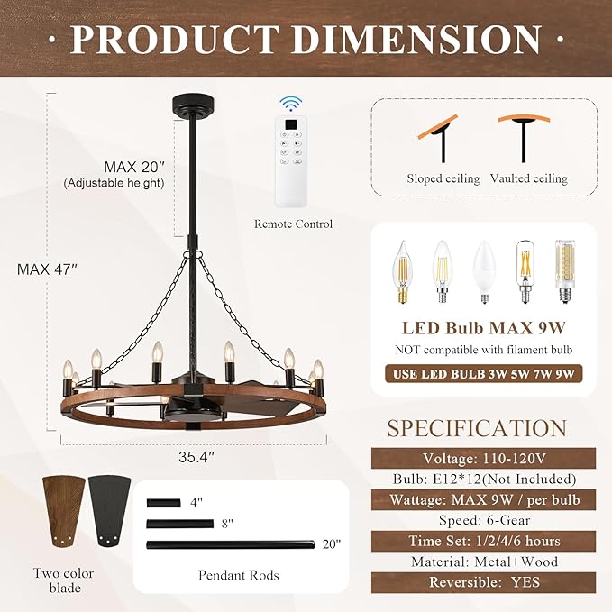 36in Wooden Wagon Wheel Chandelier Fans with Remote Control 12-Light Rustic Ceiling Fan Lights Farmhouse Bladeless Fandelier for Bedroom Dining Room Kitchen Living Room