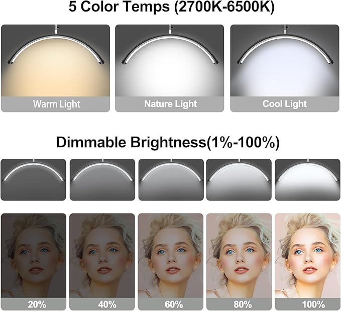 AURELLE Half Moon Lash Light - Adjustable LED Floor Lash Lamp with 4X Magnifier & Phone Holder for Eyelash Extensions,Nail Art,Tattoo,Skincare,Salon SPA-Dimmable Brightness,Rotating Head, Black