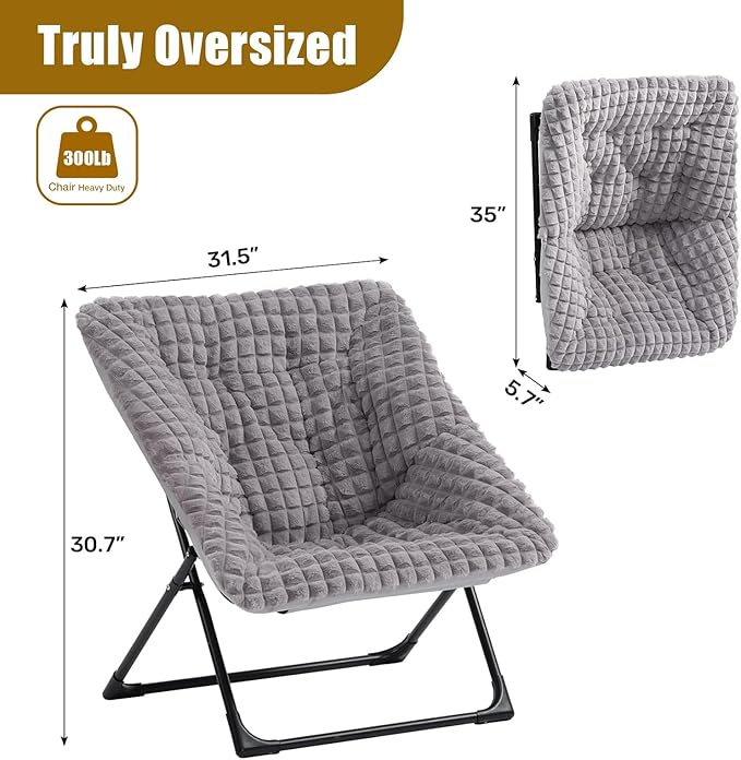 HollyHOME X-Large Saucer Chair, Comfy Oversized Folding Chair, Faux-Fur Reading Chair for Teens, Adults, Foldable Accent Lazy Chair, Metal Lounge Chair for Living Room, Bedroom, Dorm, Grid Blue&Grey