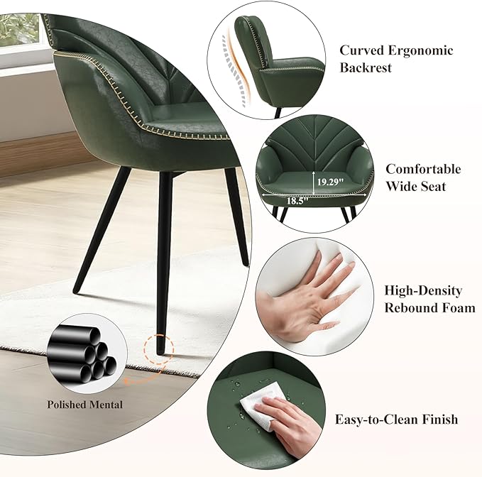 Mid-Century Modern Green Faux Leather Accent Chair, Upholstered Armchair for Living Room/Bedroom/Reading Corner, Curved Back & Padded Arms, High-Density Cushion, Metal Legs, Easy-to-Clean Design
