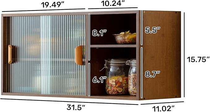 HollyHOME Bamboo Wall Mounted Kitchen Sideboard with 2 Glass Doors and Adjustable Shelves, Freestanding Wall Storage Cabinet with Side Shelf for Bottle, Dish, Bowl, Console Dining Cupboard, Walnut