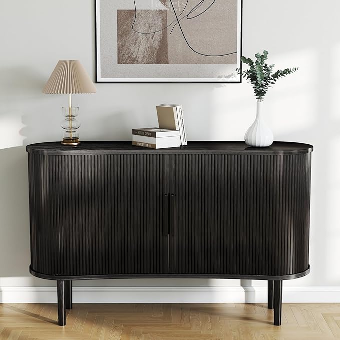 Mid-Century Modern Sideboard Buffet Cabinet, 55" Storage Cabinet with 4 cabinets, Decorative Fluted Sliding Doors for Bedroom Dining Room Small Space, Walnut Finish, Black