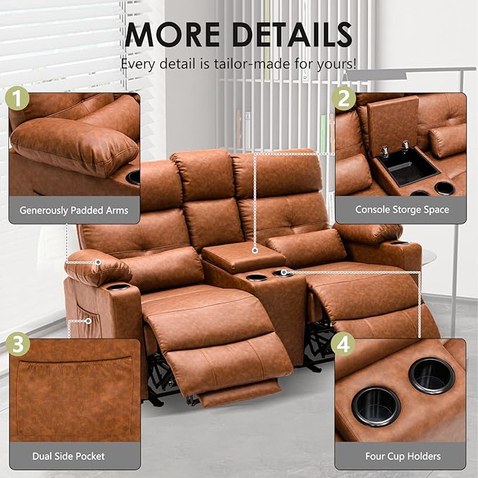 Power Reclining Loveseat with Console, Power Loveseat Recliner Sofa with Heat and Massage, Extending Footrest, RV Recliner Sofa with Lumbar Support, Side Pocket for Living Room