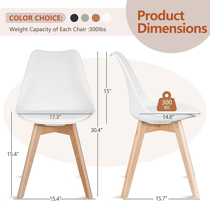 VECELO Dining Chairs Set of 4, Mid-Century Modern Kitchen & Dining Room Chairs, PU Leather Upholstered Seat, Solid Wood Legs, Armless, Non-Slip Feet, White
