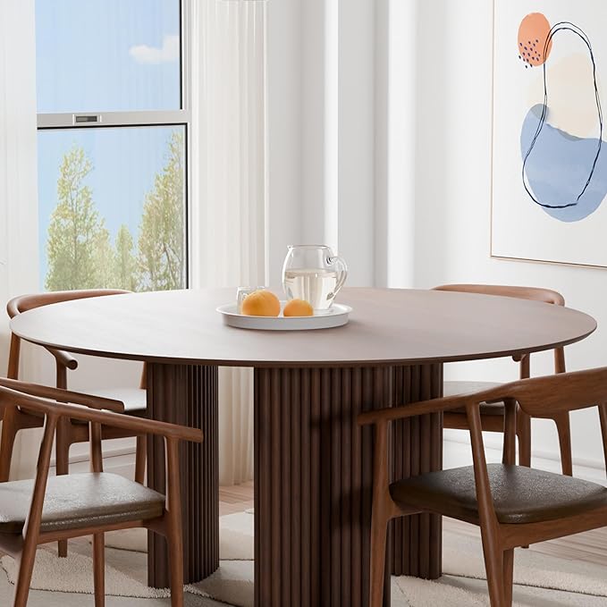 Casaphoria 60" Round Dining Table for 4-6, Farmhouse Style Table with Stripes Base, Easy Assembly for Living Room, Kitchen, Bar, Walnut