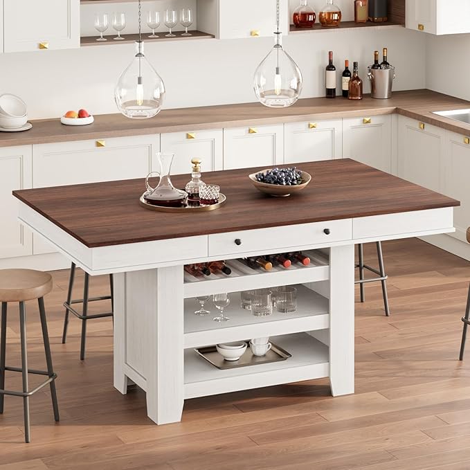 GarveeHome Counter Height Dining Table for 4-6, Wood Bar Height Tall Dining Table with Deepened Wine Rack & 2 Drawers & Shelves, Thick Large Table Top for Kitchen, Bar, Heavy Duty, Retro Brown White