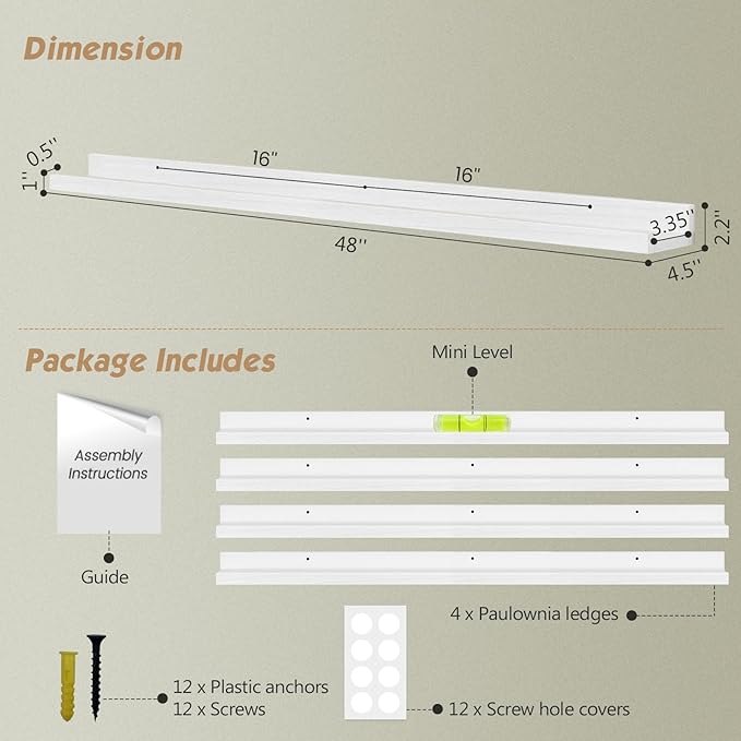 Forbena 48 Inch Floating Shelves for Wall Set of 4, Large White Picture Ledge Shelf for Living Room Photo Frames, Extra Long Wood Wall Shelves with Lip for Bedroom Hallway Office Nursery Kids Books