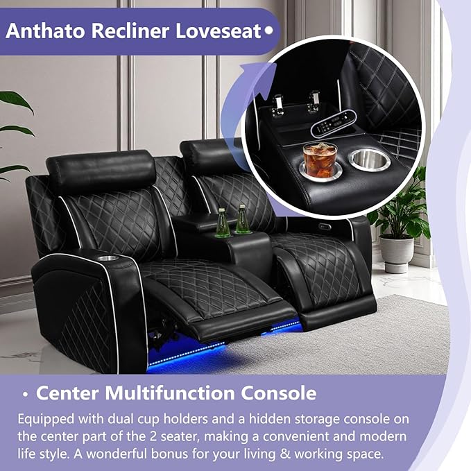 Power Recliner Loveseat, Living Room Furniture Sets, Breathing Leather Reclining Couch in 2 Seat, Luxury Reclining Loveseat Sofa with Cupholders/Storage/Charging for Home Theater/Office, Black