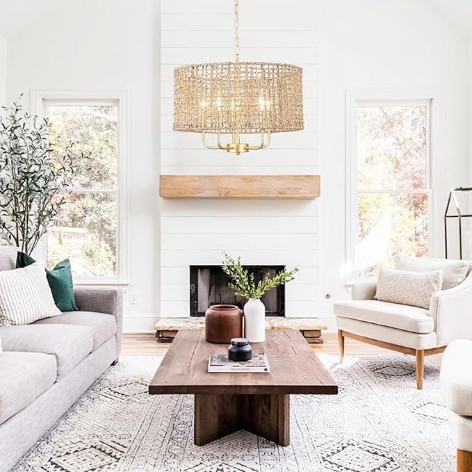 5-Light Gold Rattan Chandelier Large Hand Woven Farmhouse Chandelier with Wicker Shade Rustic Boho Pendant Light Fixtures Drum Chandeliers for Dining Room Kitchen Living Room Foyer Entryway Hallway
