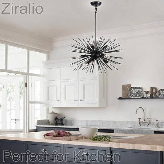 24in Black Sputnik Chandelier Mid Century Modern 9-Lights Starburst Chandelier Solid Metal Firework Urchin Satellite Chandeliers for Dining Room, Kitchen, Bedroom, Living Room, Foyer, E12