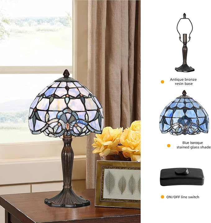 TL0006 Small Tiffany Lamp Baroque Design Handcrafted Stained Glass Table Lamp for Small Space Bedroom Bedside Nightstand Home Office, 8" W x 14.25" H, LED Bulb Included (Blue Baroque)