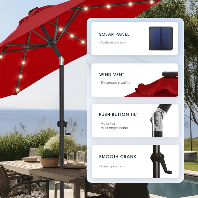 wikiwiki 10FT Solar Led Patio Umbrella with Base Included, 32 LED Lights, 8 Sturdy Ribs, Fade Resistant Waterproof POLYESTER DTY Canopy for Garden, Lawn, Deck, Backyard & Pool, Red