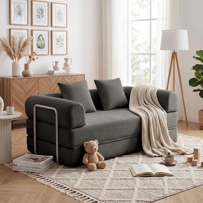 53.15'' Convertible Compressed Corduroy Folding Cloud Sofa Bed, Modern Boneless Pull Out Loveseat Sleeper in a Box, 4 in 1 Floor Mattress Futon Cloud Couch, No Assembly Needed, Grey, 2 Pillows, Full