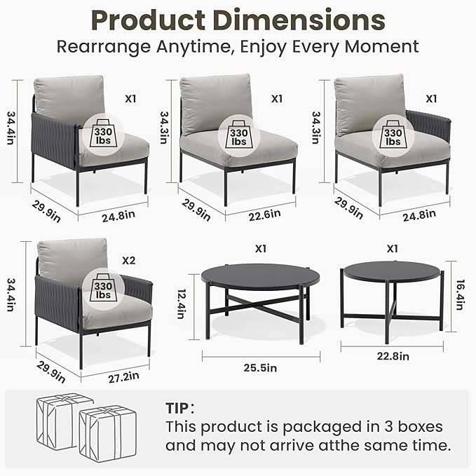 Pamapic 7-Piece Woven Rope Outdoor Furniture Set, Iron Frame Patio Conversation Set with Thick Cushions & 2 Coffee Tables, All-Weather Sectional Patio Furniture Set for Backyard, Porch, Grey