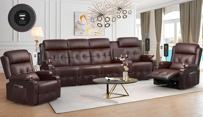 Recliner Sofa, 4 Seater Massage Reclining Loveseat Sofa Sets, 2 Single Power Recliner Chairs Heat & Massage, Heavy Weight Capacity, RV Clearance Love Seat Couch with Console, USB, Type C Port