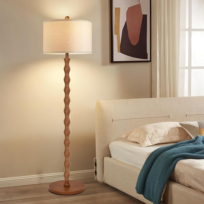 Wood Floor Lamp with 3 Color Temperatures,Boho Floor Lamp with Remote Control,Dimmable LED Floor Lamp Mid Century Modern Standing Lamp Farmhouse Tall Pole Lamp for Living Room Bedroom