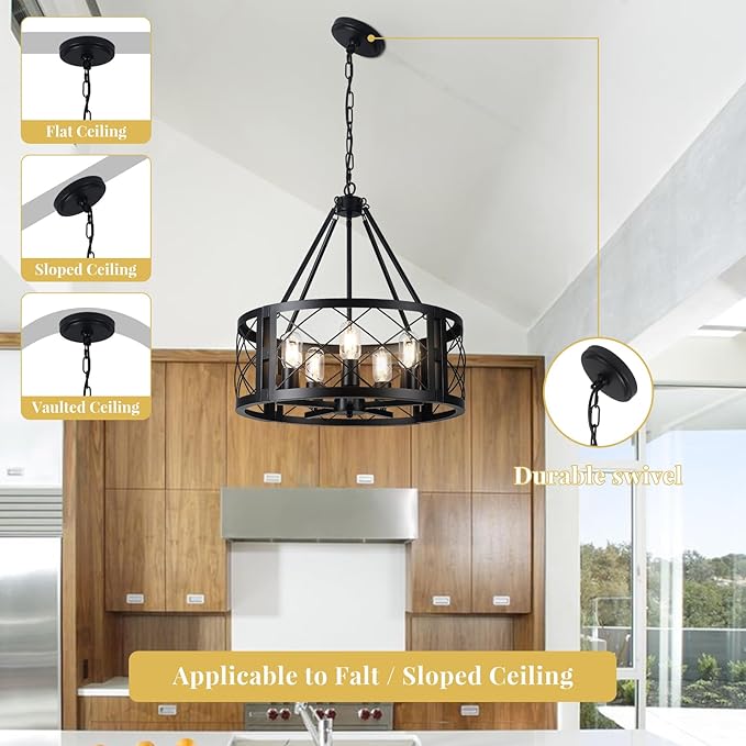 5-Light Farmhouse Chandelier 19.8" Black Rustic Chandelier for Dining Room Wood Texture Adjustable Pendant Light Fixture for Kitchen Island Entryway Bedroom Hallway