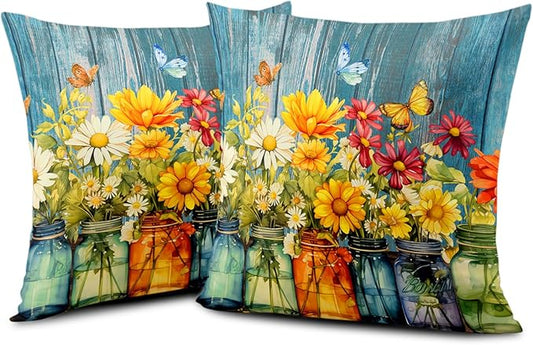 Daisy Vase Pillow Covers 18x18 Set of 2 Rustic Floral Sunflower Wood Board Decorative Throw Pillow Cases Spring Summer Vintage Flowers Outdoor Pillowcase for Farmhouse Couch Sofa Decor