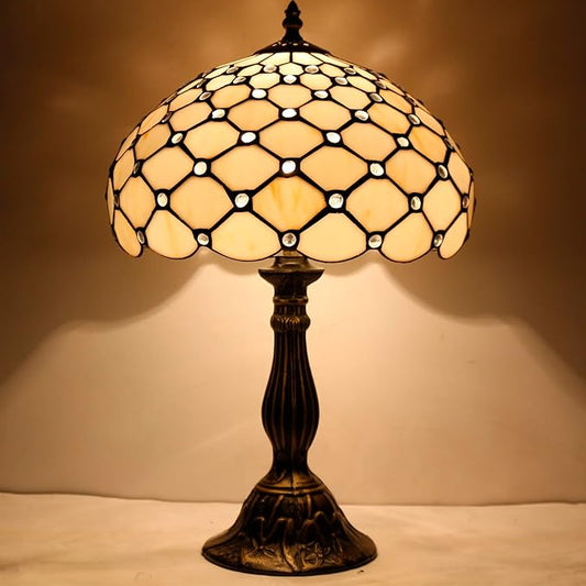 WERFACTORY Tiffany Lamp Cream Amber Stained Glass Bead Table Lamp Desk Bedside Reading Light 12X12X18 Inches Deco Bedroom Living Room Home Office S005 Series