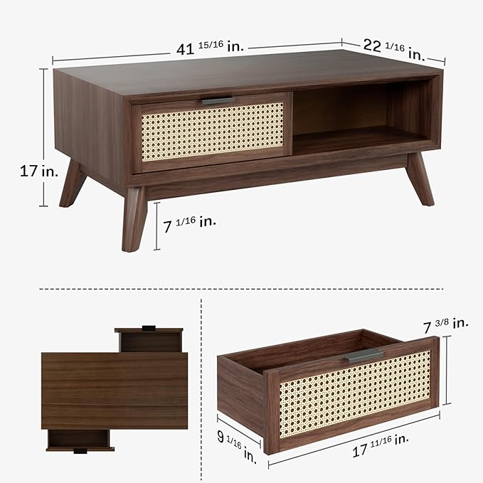 Bme Solid Wood Jasper Coffee Table with Storage, Accent Rattan Design, Perfect for Living Room, Walnut