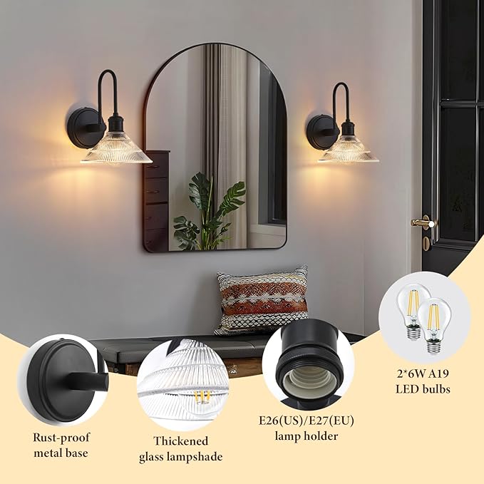 Wall Sconce Set of 2, Black Vintage Light Fixtures with Round Clear Glass Lampshade, Hardwired Sconces Wall Lighting for Bedroom, Bathroom, Living Room | Includes 2 LED Bulbs