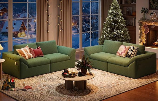 LINSY HOME Modern Boneless Cloud Couch Set, Deep Seat Corduroy Secional Loveset Sofa Sets for Living Room, Apartment, Office, No Assembly Required, Green
