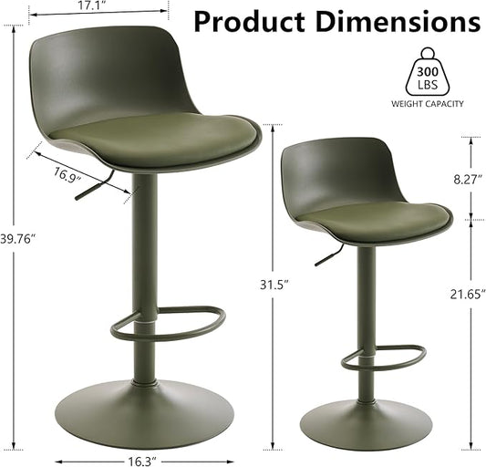 Kidol & Shellder Bar Stools Set of 2 Olive Green Adjustable Swivel Counter Height Stools, Modern PU Leather Upholstered with Back Solid Color Barstools for Kitchen Island