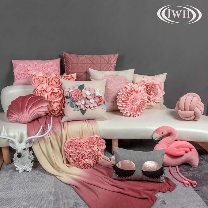JWH Heart Flower Throw Pillow Covers Decorative Floral Shaped Accent Cushion Soft Pillowcase for Sofa Couch Living Room Bed Chair 14x16 Inches Pink