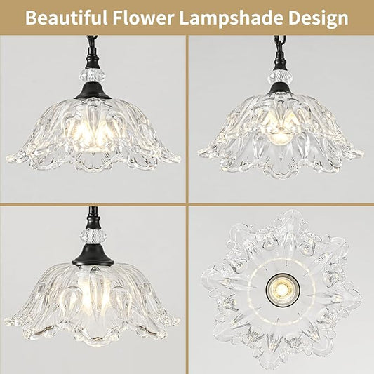 1 Piece Black Chandelier Light Fixtures with Crystal Glass Shade, Black Farmhouse Pendant Light,Hanging Light for Dining Room,Hallway,Living Room,Bedroom