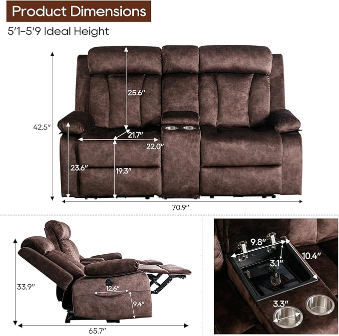 GUEAPY Reclining Sofa and Loveseat Set-Power Reclining Furniture Sets with Heat and Massage, 2 Piece Recliner Couches Set with Console,Drop Down Table,Cup Holders,USB & Type-C Ports for Living Room
