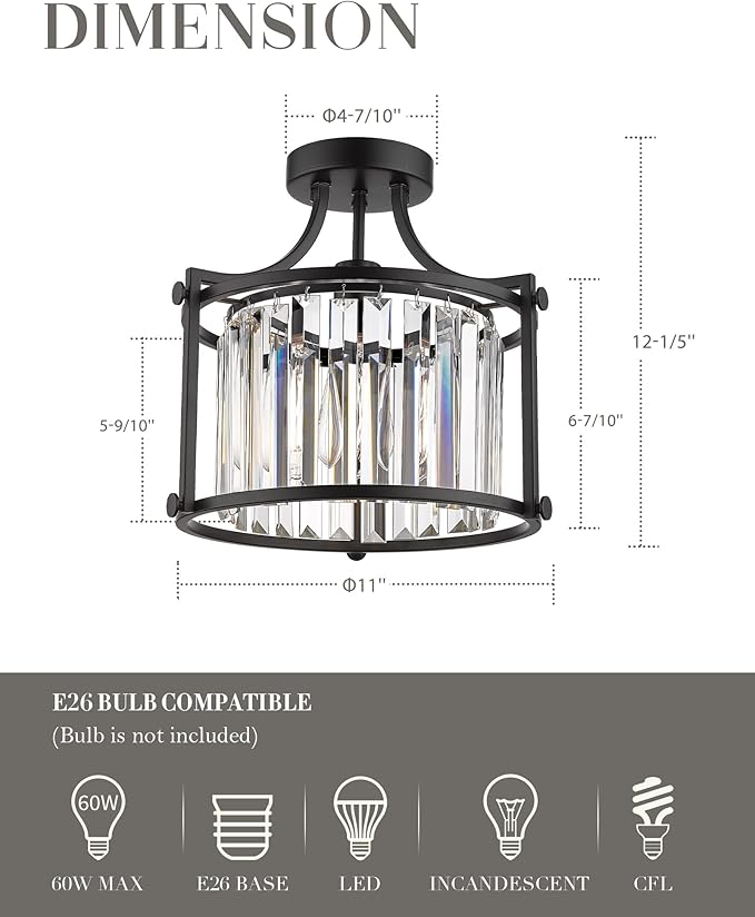 Crystal Flush Mount Ceiling Light, 1-Light Black Ceiling Light, Modern Flush Mount Chandelier for Bedroom Kitchen Laundry Entryway, CL4832-1W-BK