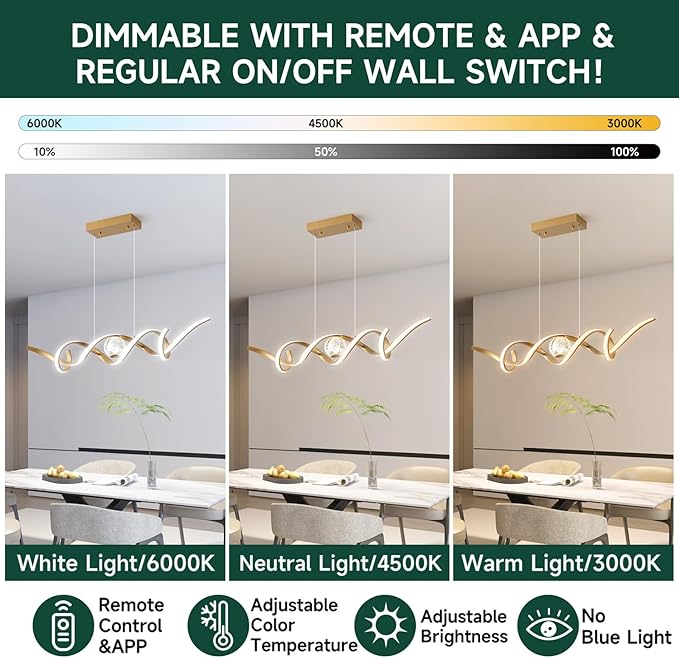 LED Modern Chandeliers for Dining Room, 39in Dimmable Gold Chandelier Kitchen Pendant Lighting Over Island, Linear Wave Spiral Pendant Light Fixtures Dining Room Lights Ceiling Hanging, 36W