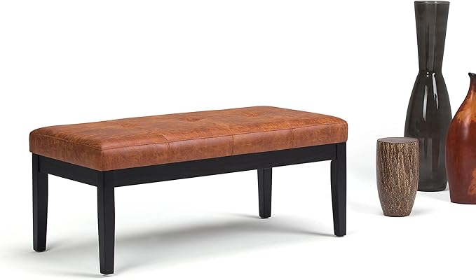 SIMPLIHOME Lacey Tufted Ottoman Bench - 41 inch Wide Upholstered Vegan Leather Rectangle Ottoman in Distressed Saddle Brown, Contemporary Bench for Bedroom or Entryway with Stitching Detail, Assembled