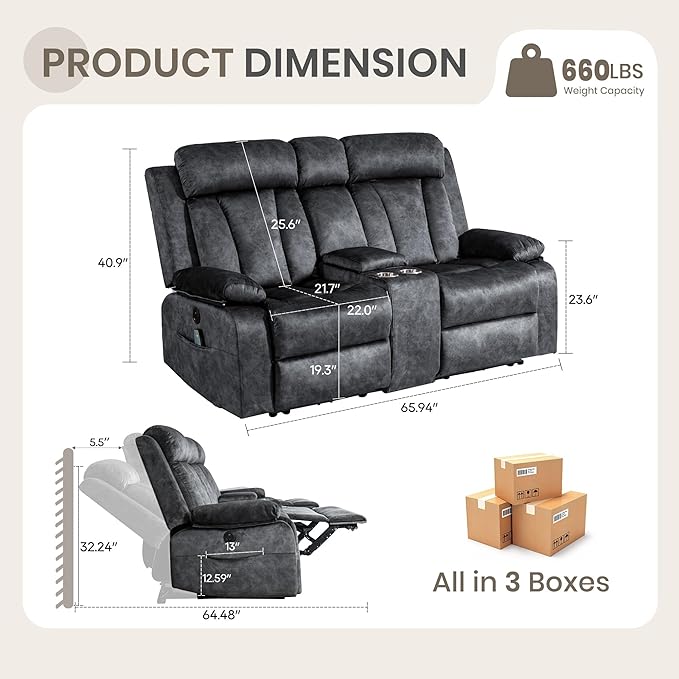 Power Reclining Loveseat with Heat & Massage, Dual Recliner Sofa with Console, Cup Holders, USB & Type-C Ports, 2 Seater Electric Reclining Couch for Living Room, RV (Grey, 2 Seat)