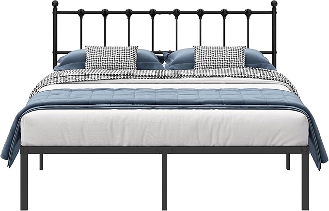 King Size Bed Frame with Modern Headboard, Metal Platform Bed Base with Strong Support, No Box Spring Needed, Easy Assembly, Noise Free，Black