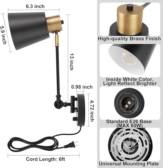 Dimmable Wall Lamp with Plug in Cord, Plug in Wall Sconces, Swing Arm Wall Light with On Off Switch, Metal Black Brass Industrial Wall Lamp for Bedroom, Living Room, E26 Base