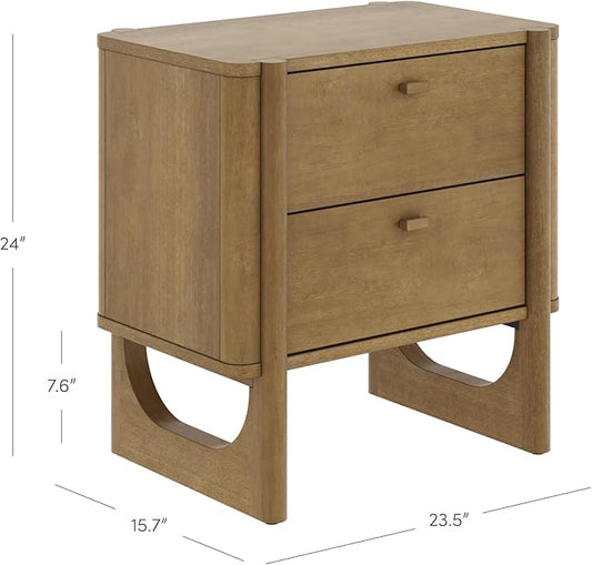 Nathan James Solace Mid Century Modern 2 Drawer Nightstand with Solid Wood Frame and Rounded Details, Light Brown