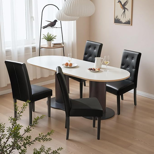 Furmax Upholstered Dining Chairs Set of 4, PU Leather Dinning Room Chairs, Button Tufted Kitchen Chairs with Adjustable Wood Legs for Dining Room/Living Room/Restaurant (Leather Black, 4)