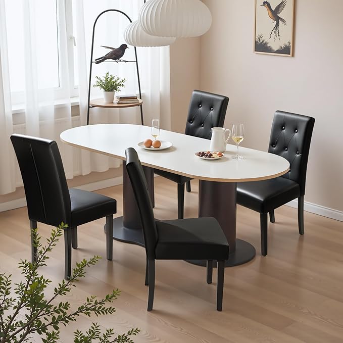 Furmax Upholstered Dining Chairs Set of 2, PU Leather Dinning Room Chairs, Button Tufted Kitchen Chairs with Adjustable Wood Legs for Dining Room/Living Room/Restaurant (Leather Black, 2)