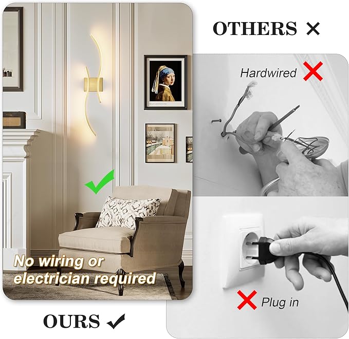 Battery Operated Wall Sconces Set of Two with Remote Control, Battery Wall Light, Stepless Colors 3000K-6000K & Dimming, Brass Rechargeable Wall Sconces for Living Room, Hallway, Bedroom, 27.5 Inch